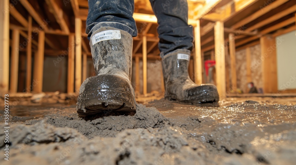 Muddy Boots in a Basement Under Construction: A Close-Up View of a Worker Traversing Through Thick Mud During a Renovation Project Muddy Boots in a Basement Under Construction: A Close-Up View of a Worker Traversing Through Thick Mud During a Renovation Project