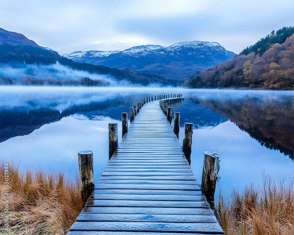 Obraz premium Misty Mountain Lake Wooden Pier