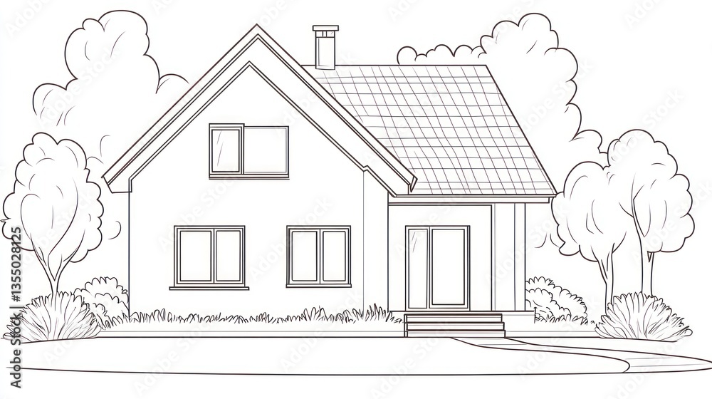 Simple sketch of a house with trees, use for coloring books, education Simple sketch of a house with trees, use for coloring books, education