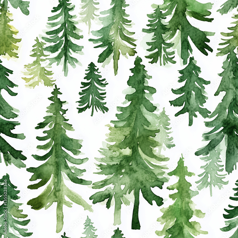 Obraz premium Watercolor Pine Tree Forest, seamless pattern