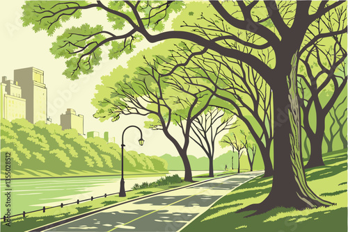 16 Tree-lined avenue, urban park, spring foliage, winding road, green canopy, tranquil cityscape, sunlit path, water feature, residential buildings, lush grass, peaceful atmosphere, bike lane, shadows