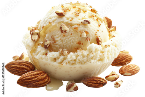 Creamy Almond Honey Ice Cream, a delightful scoop of sweet indulgence, drizzled with golden honey and sprinkled with crunchy almonds, against a bright white background.