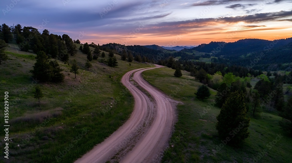 Aerial view of a winding dirt road through lush green hills during sunset : Generative AI Aerial view of a winding dirt road through lush green hills during sunset : Generative AI