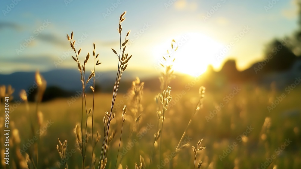Obraz premium Golden grass swaying in the breeze during a vibrant sunset illuminating the natural landscape : Generative AI