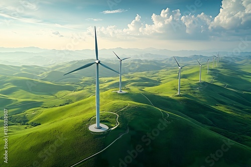panoramic aerial view of a large wind farm with multiple wind turbines in a green landscape, highlighting the contrast between renewable energy and nature.
