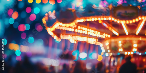 Multicolored lights blurred background with playful carousel bokeh and crowds.