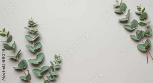 Eucalyptus branches with vibrant green leaves arranged on a soft, muted background, ideal for backgrounds, cards, or botanical themes. A serene floral aesthetic for projects.