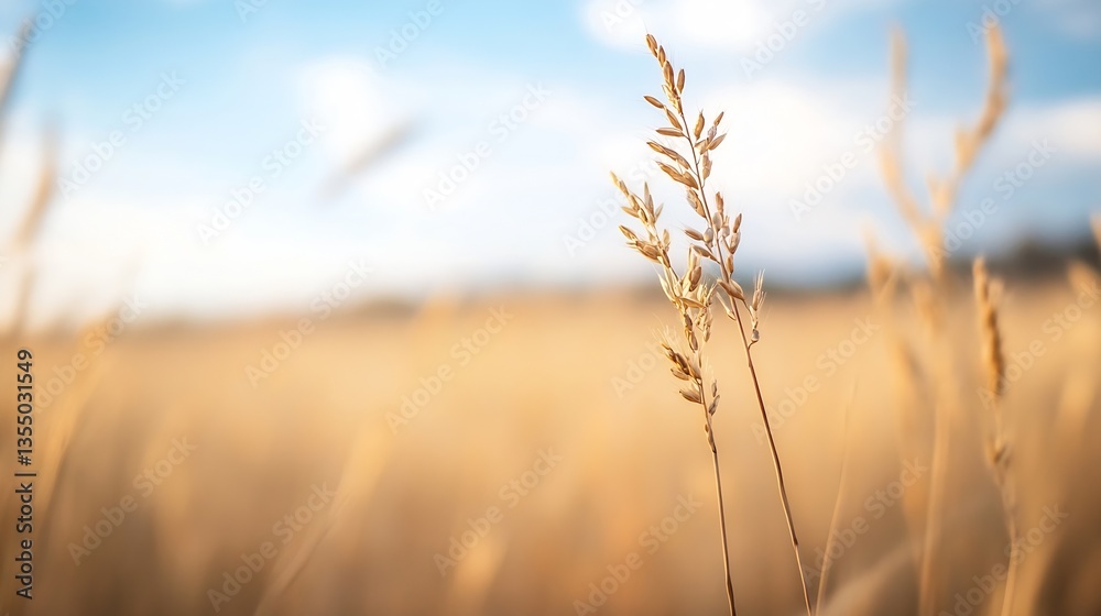 Fototapeta premium Close up view of golden wheat grass swaying gently in the breeze under a clear blue sky : Generative AI