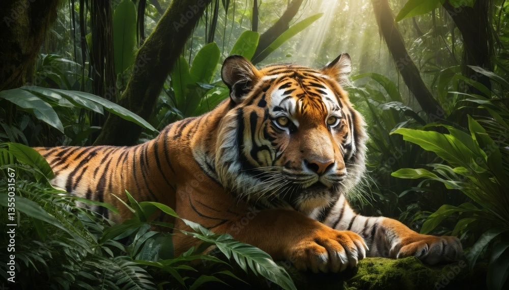 Obraz premium Majestic Tiger Resting in Lush Jungle with Sunlight and Green Foliage