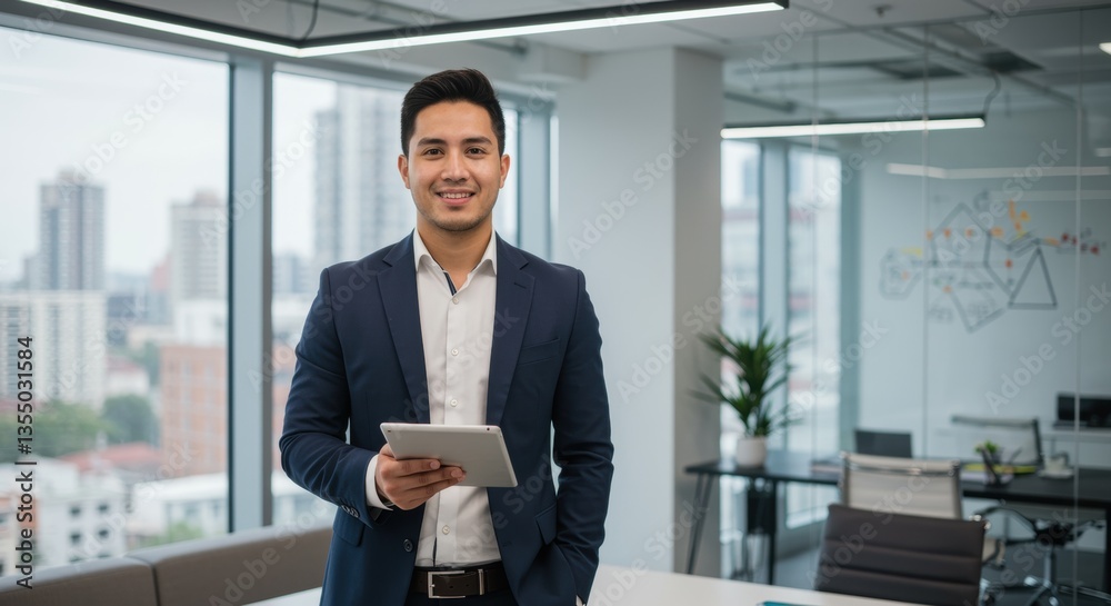 Fototapeta premium A confident young man smiles in a modern office, holding a tablet. The backdrop features skyscrapers and glass walls, creating a professional and inviting atmosphere.