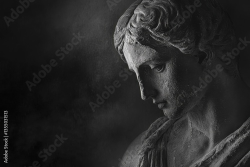 Antique Statue Depicting Thoughtful Woman in Profile Against Dark Background; Classical Art Sculpture
