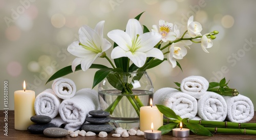 A serene spa arrangement featuring white lilies in a glass vase, gently rolled towels, smooth black stones, and flickering candles. Perfect for relaxation and wellness imagery.