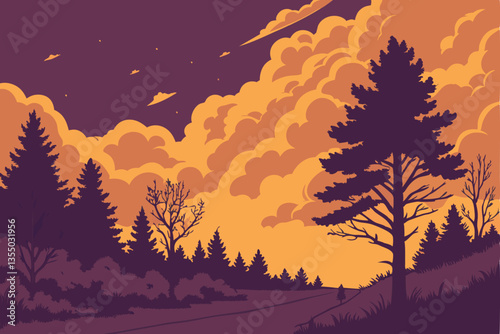 18 Dramatic sunset sky, Fiery orange clouds, Deep purple atmosphere, Vibrant color contrast, Billowing cloud formations, Moody twilight scene, Intense golden light, Atmospheric dusk, Turbulent skyscap