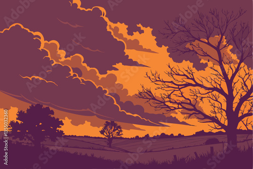 18 Dramatic sunset sky, Fiery orange clouds, Deep purple atmosphere, Vibrant color contrast, Billowing cloud formations, Moody twilight scene, Intense golden light, Atmospheric dusk, Turbulent skyscap