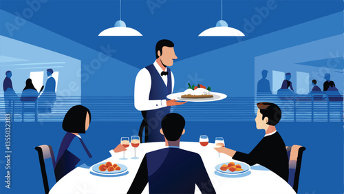 Create a vector illustration of a polite waiter in a formal restaurant setting, carefully serving a plate of food to a customer.