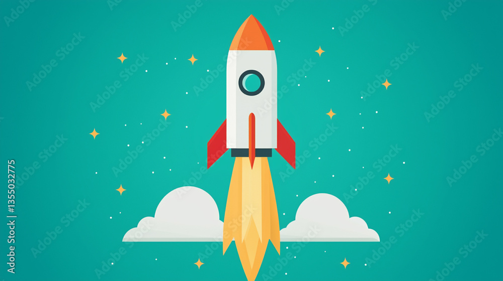 A colorful rocket takes off against a turquoise background, surrounded by clouds and stars, symbolizing adventure and exploration. A colorful rocket takes off against a turquoise background, surrounded by clouds and stars, symbolizing adventure and exploration.