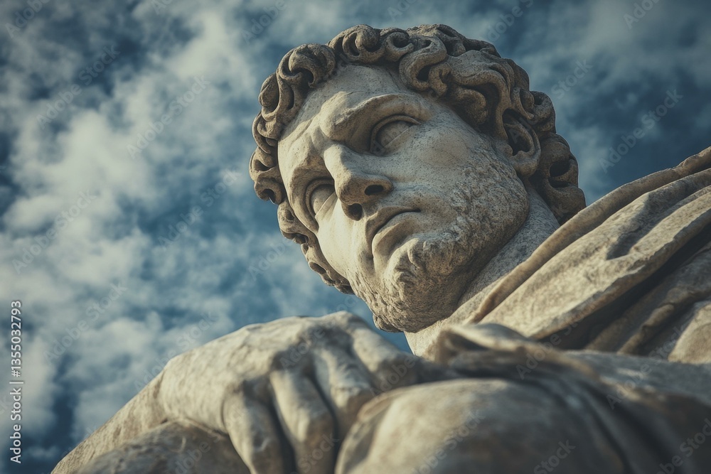 Ancient Stone Statue of Stern Man With Curly Hair Against Cloudy Blue Sky, Looking Downward Ancient Stone Statue of Stern Man With Curly Hair Against Cloudy Blue Sky, Looking Downward