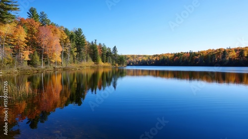 Stunning autumn landscape reflecting colorful foliage on calm waters of a serene lake surrounded by trees : Generative AI