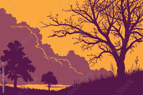18 Dramatic sunset sky, Fiery orange clouds, Deep purple atmosphere, Vibrant color contrast, Billowing cloud formations, Moody twilight scene, Intense golden light, Atmospheric dusk, Turbulent skyscap