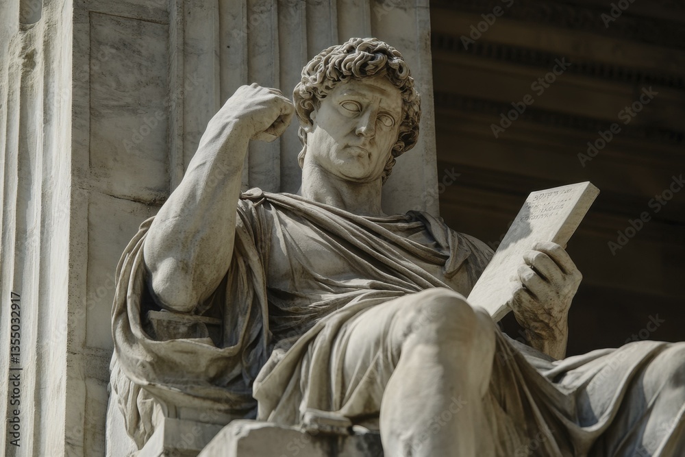 Obraz premium Ancient Marble Statue of an Intellectual Contemplating Text, Reading a Tablet in Deep Thought, Architectural Detail