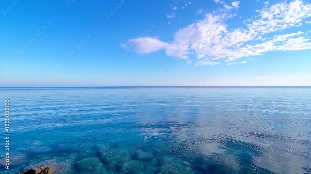 Obraz premium Tranquil seascape with calm clear waters reflecting clouds and a serene blue sky above : Generative AI