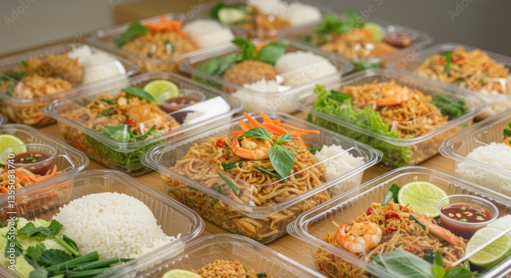 Obraz premium A vibrant array of Asian takeout dishes featuring noodles, rice, and fresh vegetables in transparent containers, ideal for delivery and perfect for food enthusiasts.