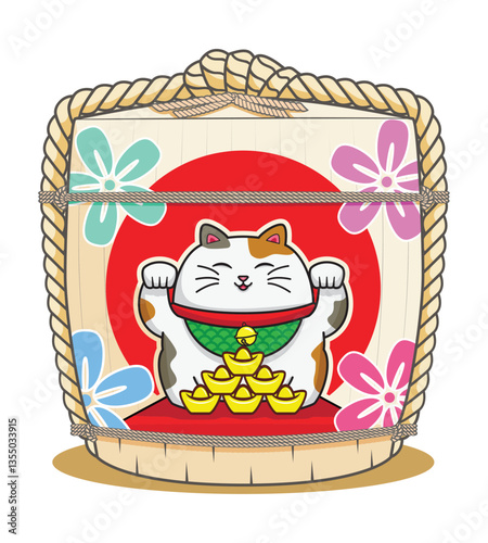 Sake Japanese liqueur in tradition barrel or bucket with Big cute Japanese lucky cat called Maneki Neko on red cushion waving two paws and golden Chinese brick stack drawing in colorful cartoon vector