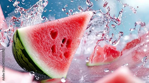 Enjoy the refreshing sight of juicy watermelon slices as they are tossed into clear water, creating playful splashes during a sunny summer gathering