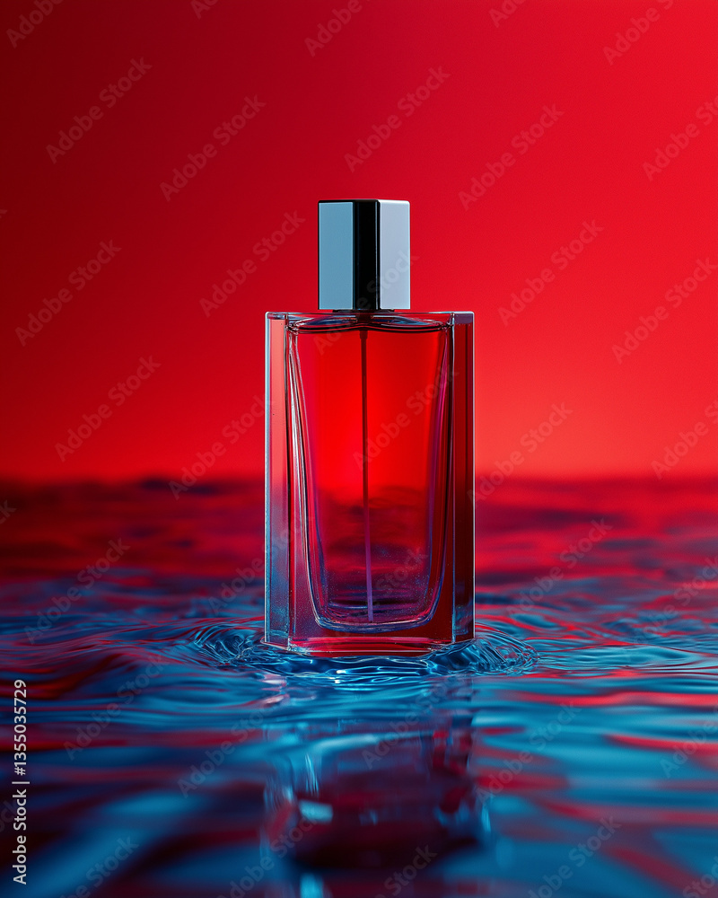 Elegant fragrance bottle with red liquid set in serene blue water against a vibrant red backdrop, capturing a luxurious and bold essence. Elegant fragrance bottle with red liquid set in serene blue water against a vibrant red backdrop, capturing a luxurious and bold essence.