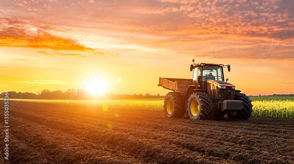 Powerful agricultural tractor working at sunset on fertile farmland underscores the essence of rural life : Generative AI Powerful agricultural tractor working at sunset on fertile farmland underscores the essence of rural life : Generative AI