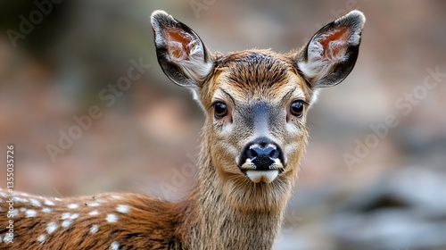 Close up of adorable young deer with large ears and gentle expression highlighting wildlife beauty : Generative AI