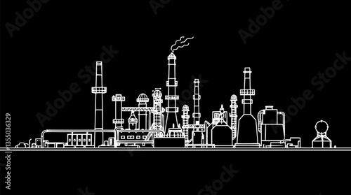 Outline of an oil refinery with pipes and tanks minimal vector industrial illustration.