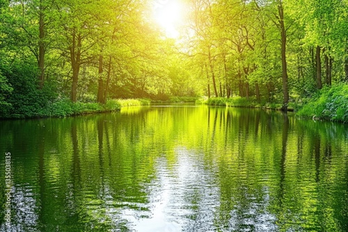 Sun-Drenched Forest Reflection Serene Waters Capturing Nature's Golden Light and Verdant Canopy
