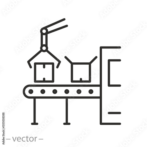 production icon, industrial robots, assembly line, thin line symbol on white background - editable stroke vector illustration eps10