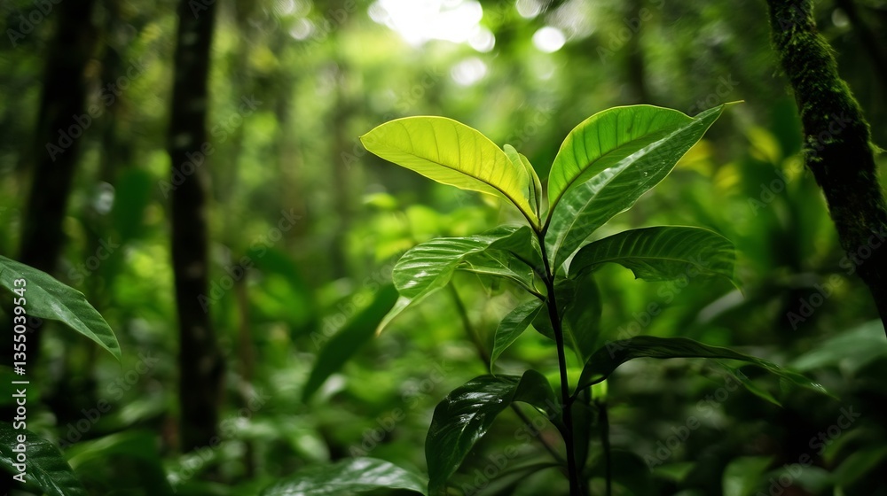 Lush green leaves captured in a dense tropical forest with a soft light filtering through creating an enchanting ambiance : Generative AI Lush green leaves captured in a dense tropical forest with a soft light filtering through creating an enchanting ambiance : Generative AI