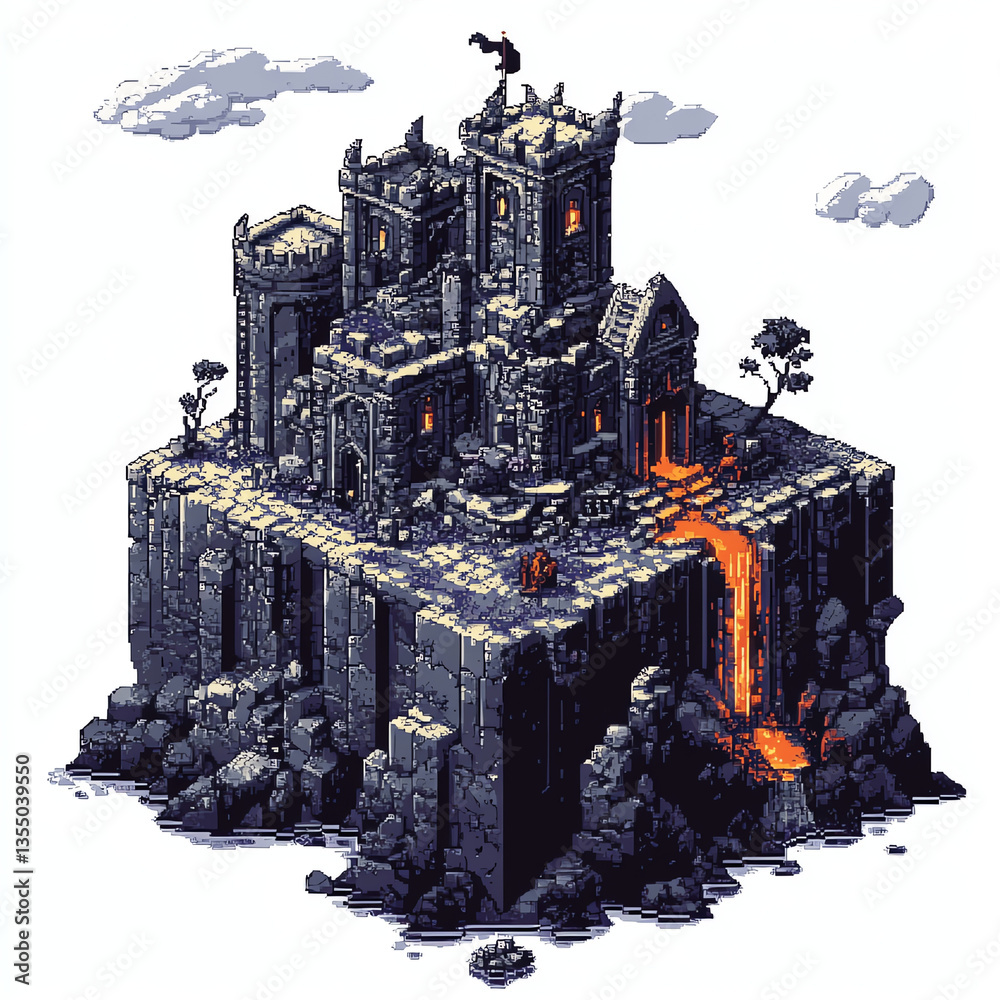 Naklejka premium Isometric Pixel Art Castle Perched on Rocky Cliff with Lava Flow