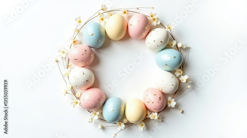Easter wreath with pastel eggs and flowers