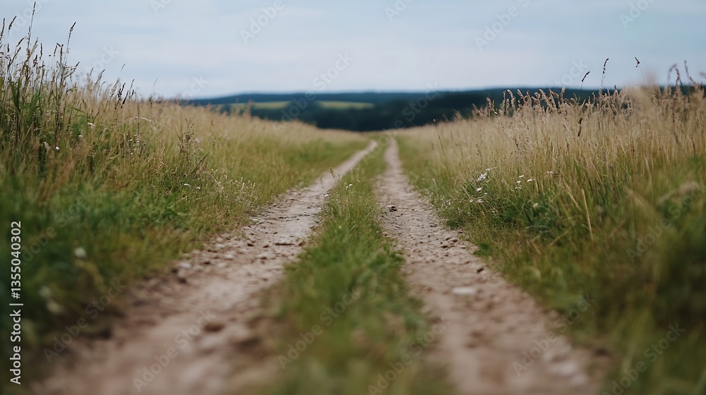 Scenic dirt pathway winding through lush green fields under an overcast sky on a tranquil day : Generative AI Scenic dirt pathway winding through lush green fields under an overcast sky on a tranquil day : Generative AI