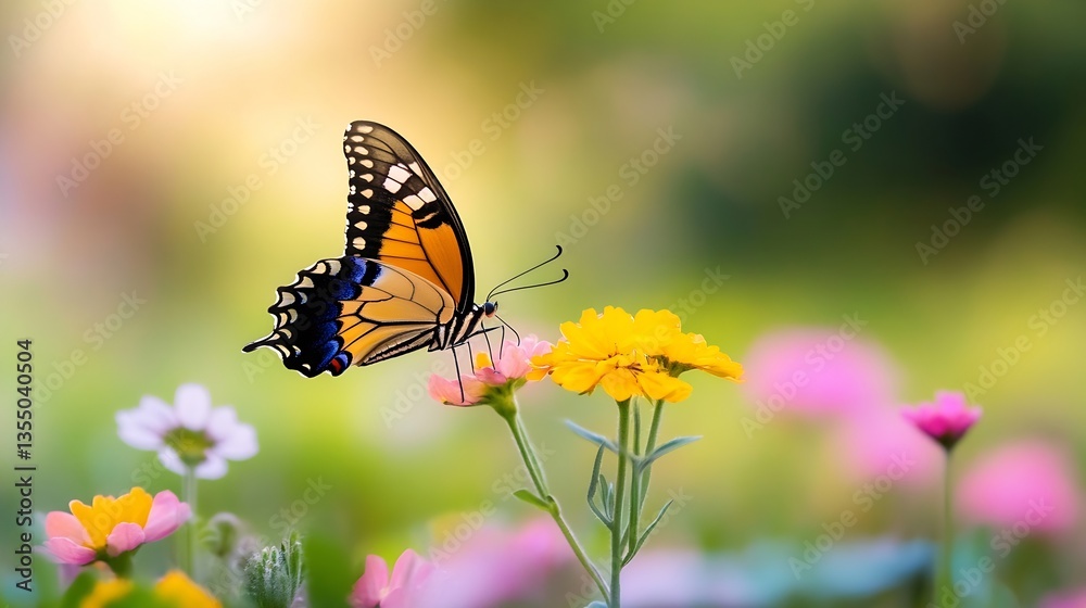 Naklejka premium Beautiful butterfly perched on vibrant flowers in a colorful garden during spring season : Generative AI