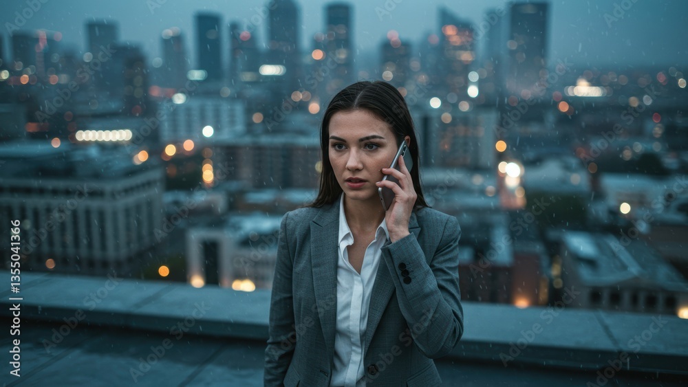 Caucasian businesswoman calls on mobile phone on city rooftop during rain. Professional faces challenges with technology in urban scene. Communication crisis. Caucasian businesswoman calls on mobile phone on city rooftop during rain. Professional faces challenges with technology in urban scene. Communication crisis.