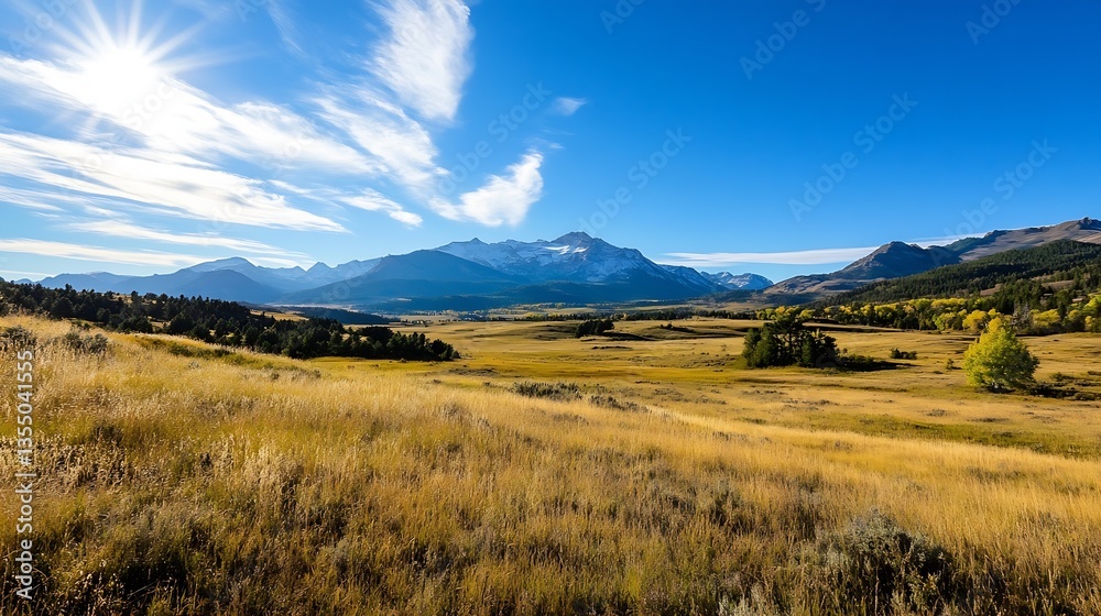 Stunning panoramic view of lush green valley surrounded by majestic mountains under clear blue sky : Generative AI Stunning panoramic view of lush green valley surrounded by majestic mountains under clear blue sky : Generative AI