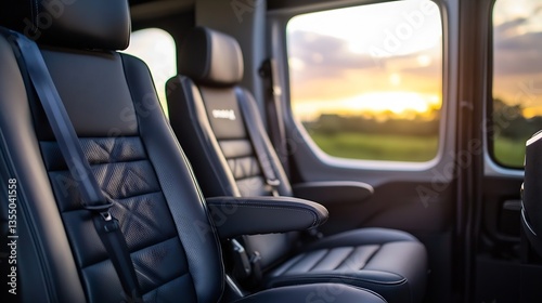 Interior of a luxury van featuring stylish leather seats with soft sunlight peeking through the windows : Generative AI