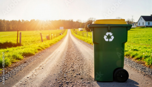 Solitary recycling bin on rural driveway at midday, environmental awareness