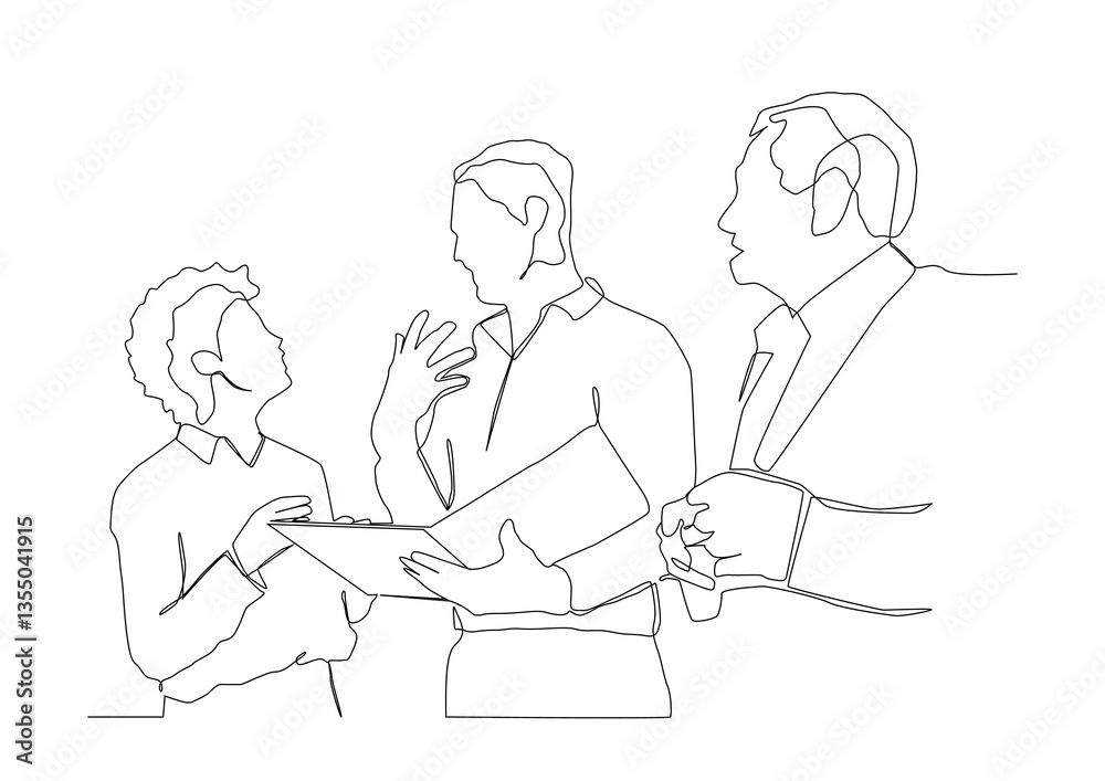 One line drawing of business people talking. One line drawing of business people talking.
