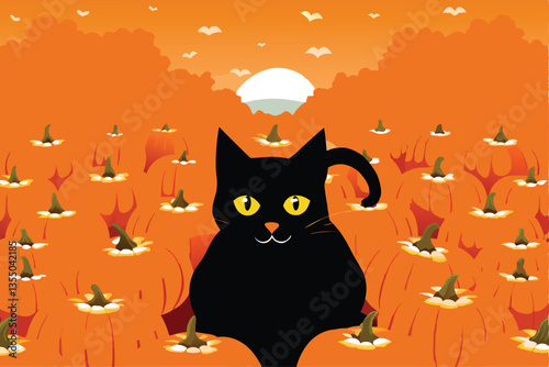 A mischievous black cat, a witch's familiar, stealthily hides amongst oversized orange pumpkins in a vibrant autumnal pumpkin patch at twilight.