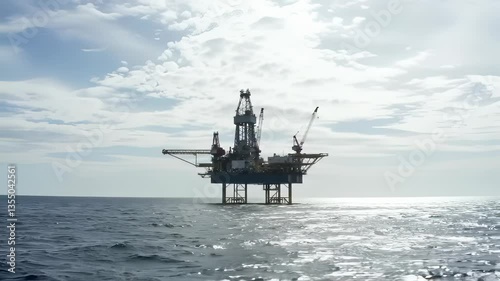 Offshore Oil Drilling Rig Platform Stands on Shimmering Water Surface Near the Horizon Under a Partly Cloudy Sky During Daylight