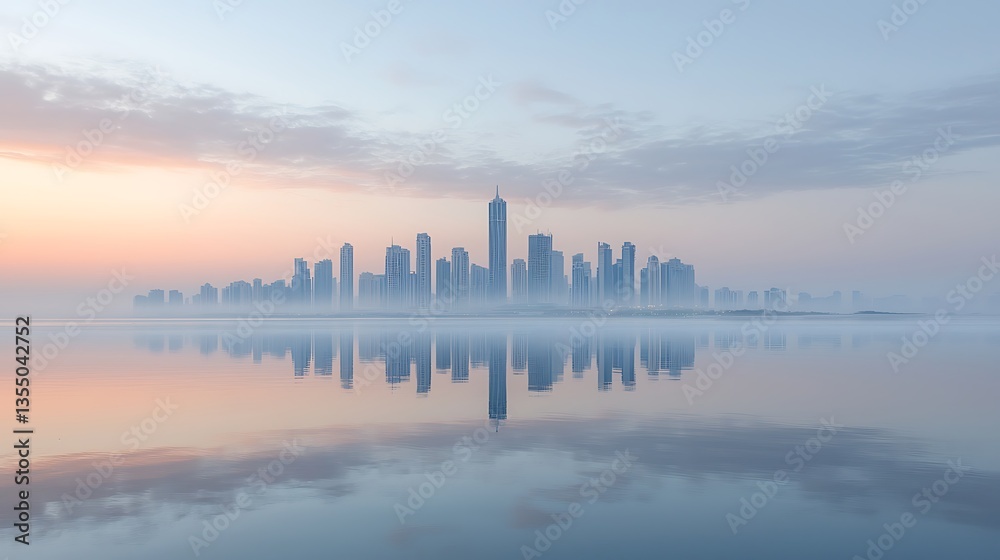 Misty Dawn Cityscape Reflection. Misty Dawn Cityscape Reflection.