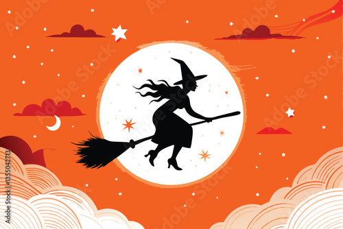 A silhouetted witch astride a broomstick, soaring across a vibrant, star-filled night sky, dark silhouette against bright stars.