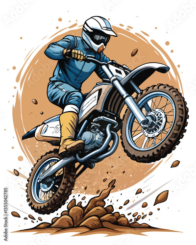 A motocross rider executes a spectacular jump, airborne over a large dirt ramp, showcasing skill and adrenaline.