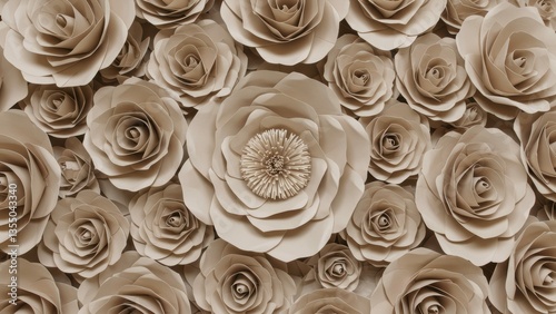 Beige paper roses arranged creating floral background. Decorative paper craft design for weddings, parties, anniversaries and artistic decoration.